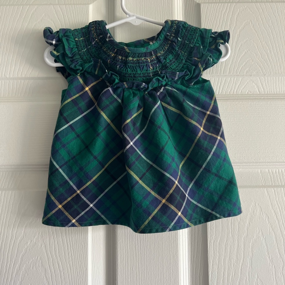 Janie and Jack Green Navy Plaid Smocked Top with Gold Accents